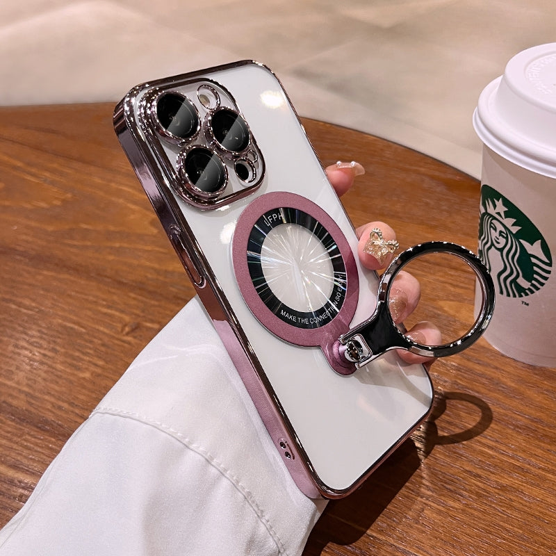 Luxury Ring Holder - Transparent Hard Acrylic Cover, Built-in Bracket, Magnetic Wireless Charging Compatible Case for iPhone