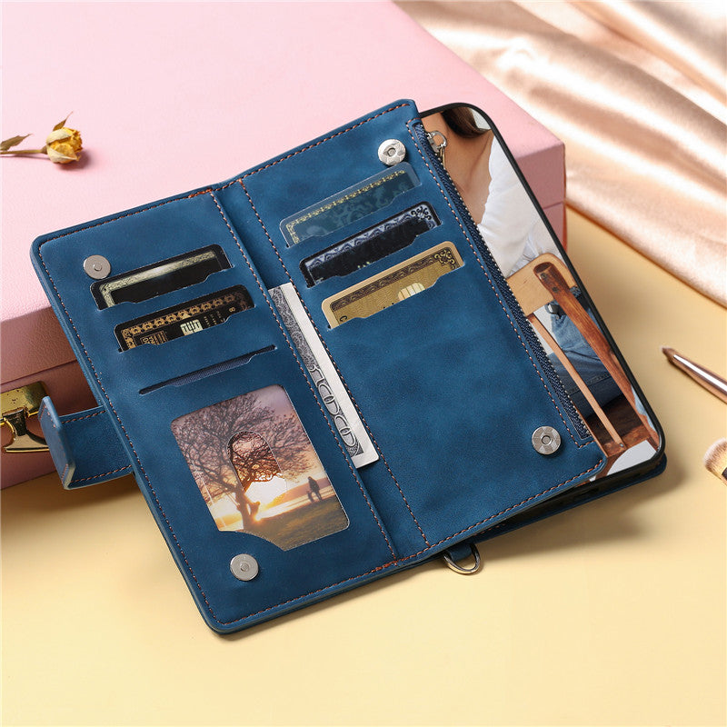 Luxury Flip Leather Wallet iPhone Case – Long Lanyard, Zipper Closure, Card Holder, and Premium Design for iPhone