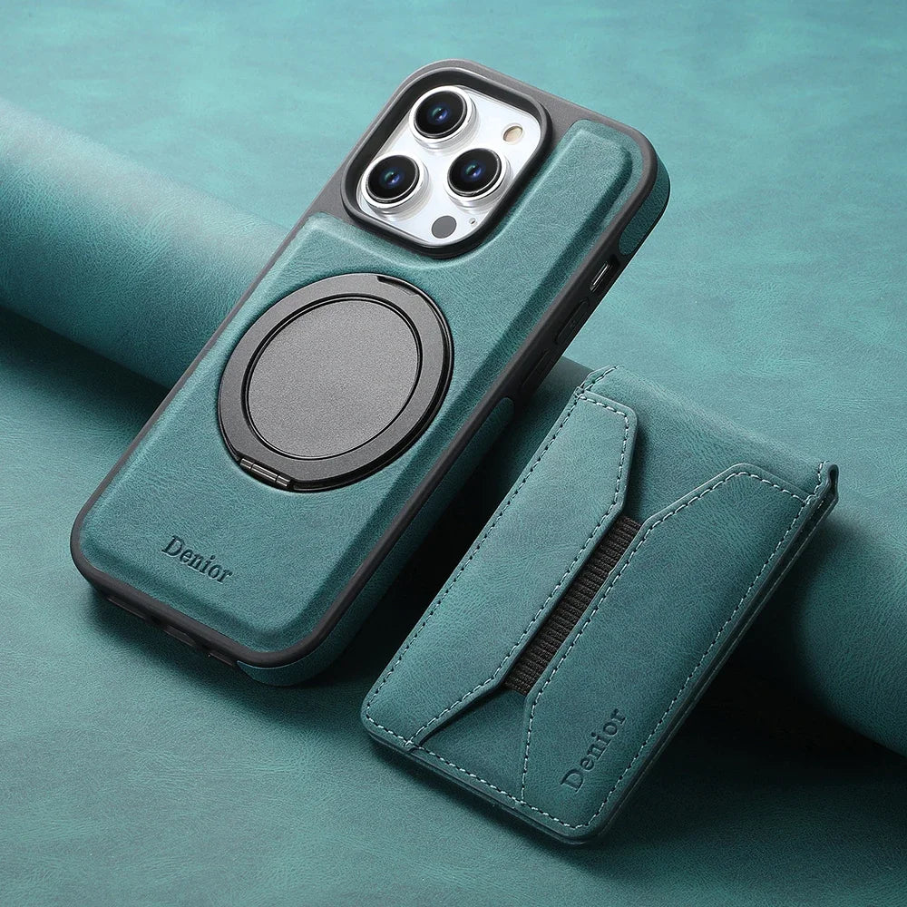 Luxuriöse Magnetische Kartenhalter iPhone Hülle – 360° drehbarer Ständer, multifunktionale Leder Geldbörse, stoßfeste Schutz, MagSafe-kompatible Hülle für iPhone Modelle