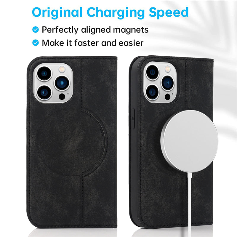 Luxuriöse Magnetische Leder Geldbörse iPhone Hülle – MagSafe Wireless Charging, Kartenfach, Standfunktion, Premium Schutz, Stilvolle & Langlebige Hülle