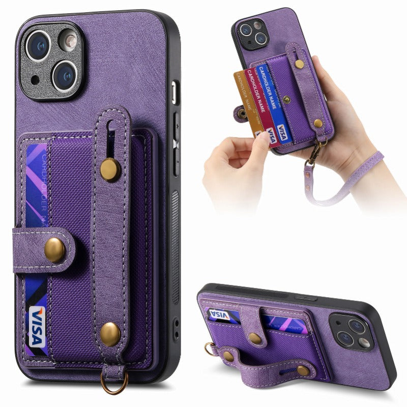 Luxury PU Leather Wallet iPhone Case with Wrist Strap – Stand Function, Card Holder, Protection for Secure and Convenience