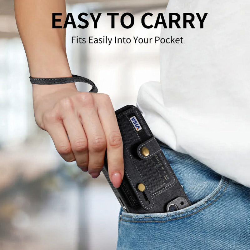 Luxury PU Leather Wallet iPhone Case with Wrist Strap – Stand Function, Card Holder, Protection for Secure and Convenience