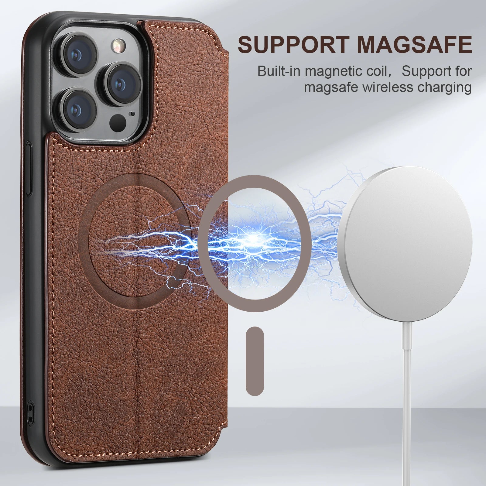 Luxuriöse Leder Magnetic Flip iPhone Hülle – MagSafe Geldbörse Kartenhalter, kabellos aufladbar, stoßfesten Schutz, elegantes Design für iPhone Modelle