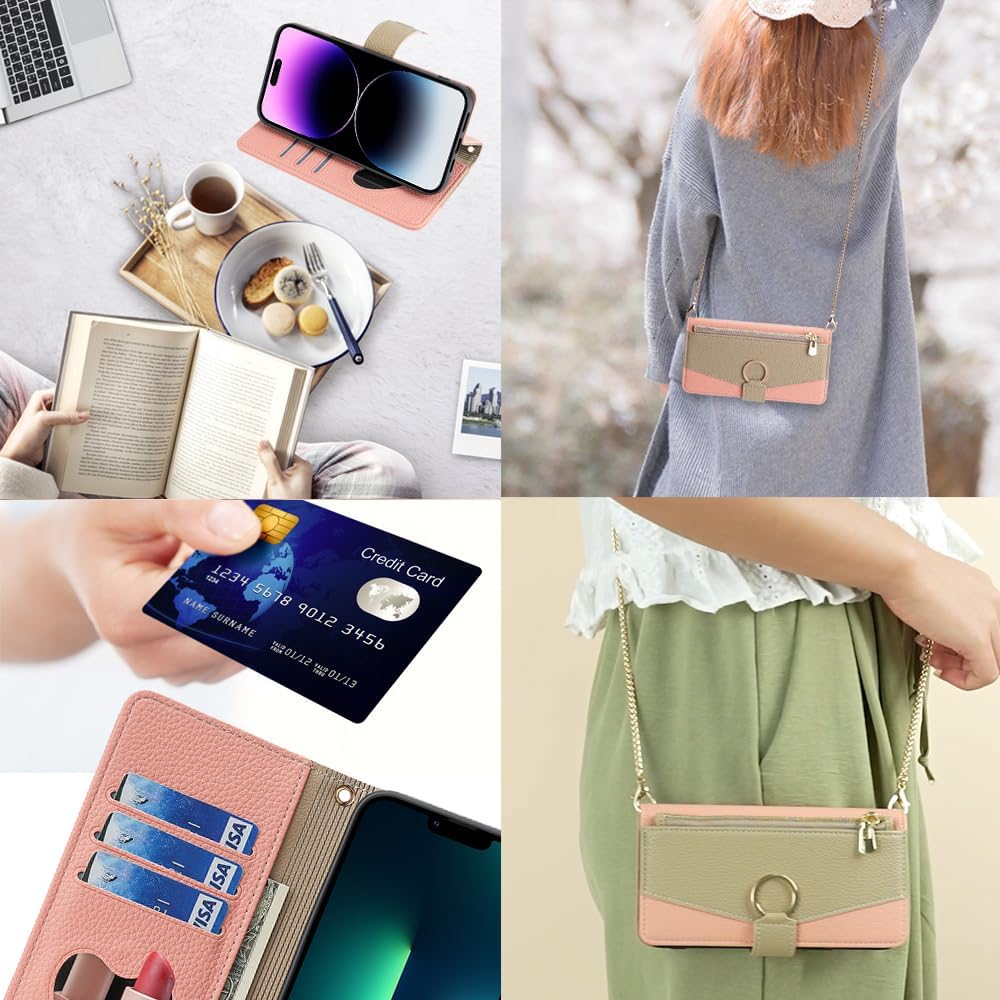 Premium Leather Crossbody Wallet Case for iPhone - Flip Mirror Design, Long Lanyard, Shockproof Protection for iPhone Models