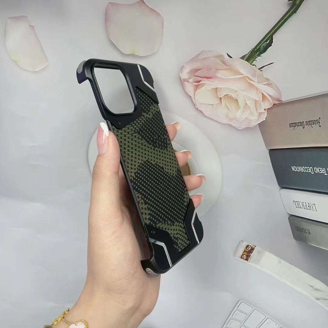 Camouflage Metal Armor Case Frameless Real Carbon Fiber Cover with Built-In Magnet for iPhone Models, Durable and Protection
