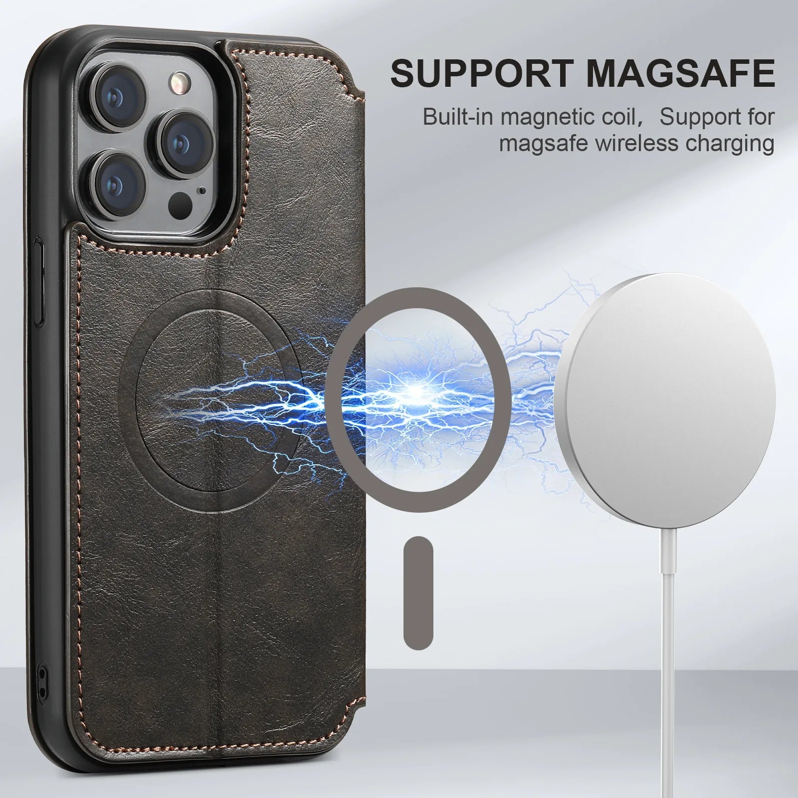 Luxuriöse Leder Magnetic Flip iPhone Hülle – MagSafe Geldbörse Kartenhalter, kabellos aufladbar, stoßfesten Schutz, elegantes Design für iPhone Modelle