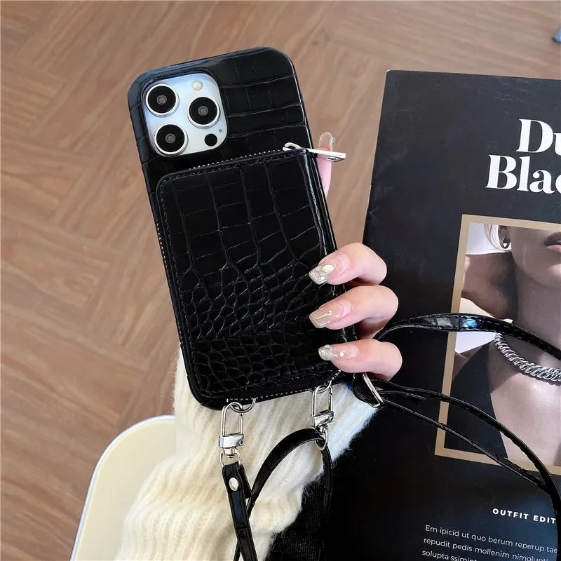 Luxuriöse Crossbody-iPhone-Hülle aus Krokodilleder – Reißverschluss-Geldbörse, Kartenhalter, stoßfeste Schutzfunktion und elegantes Design für sichere und stilvolle Bequemlichkeit