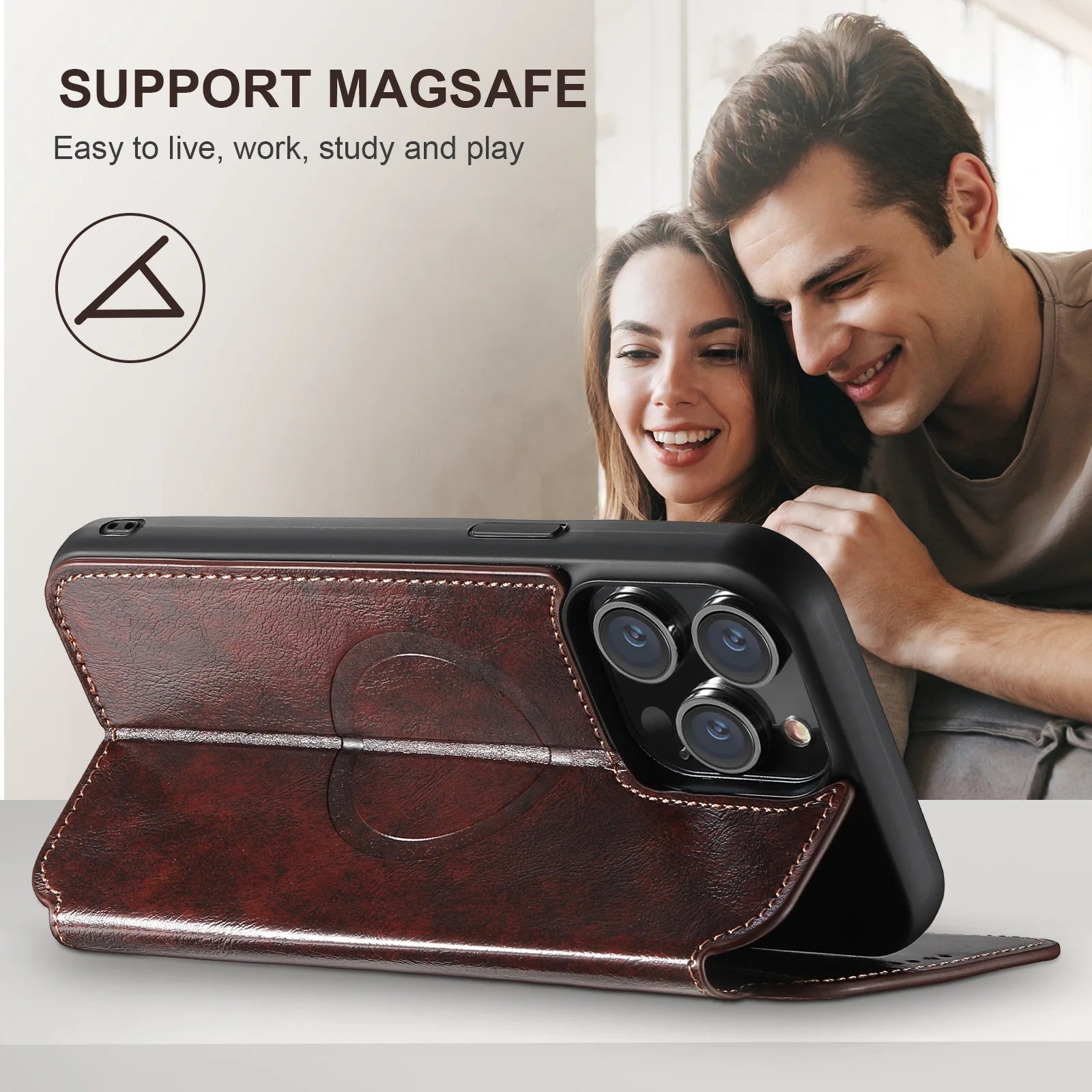 Luxuriöse Leder Magnetic Flip iPhone Hülle – MagSafe Geldbörse Kartenhalter, kabellos aufladbar, stoßfesten Schutz, elegantes Design für iPhone Modelle