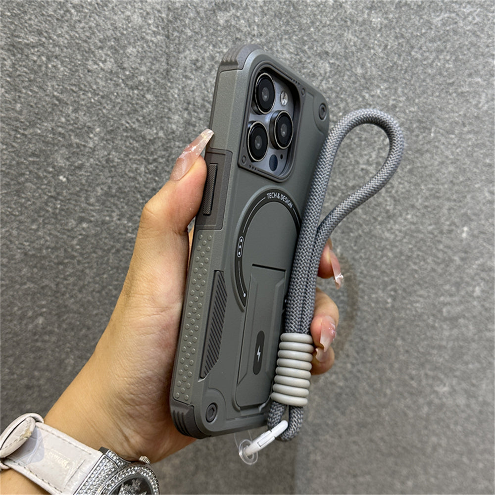 Deluxe Armor Stealth Bracket iPhone Case – Magnetic Super Fall Proof, Hard Shell with Lanyard, Protection for iPhone Models