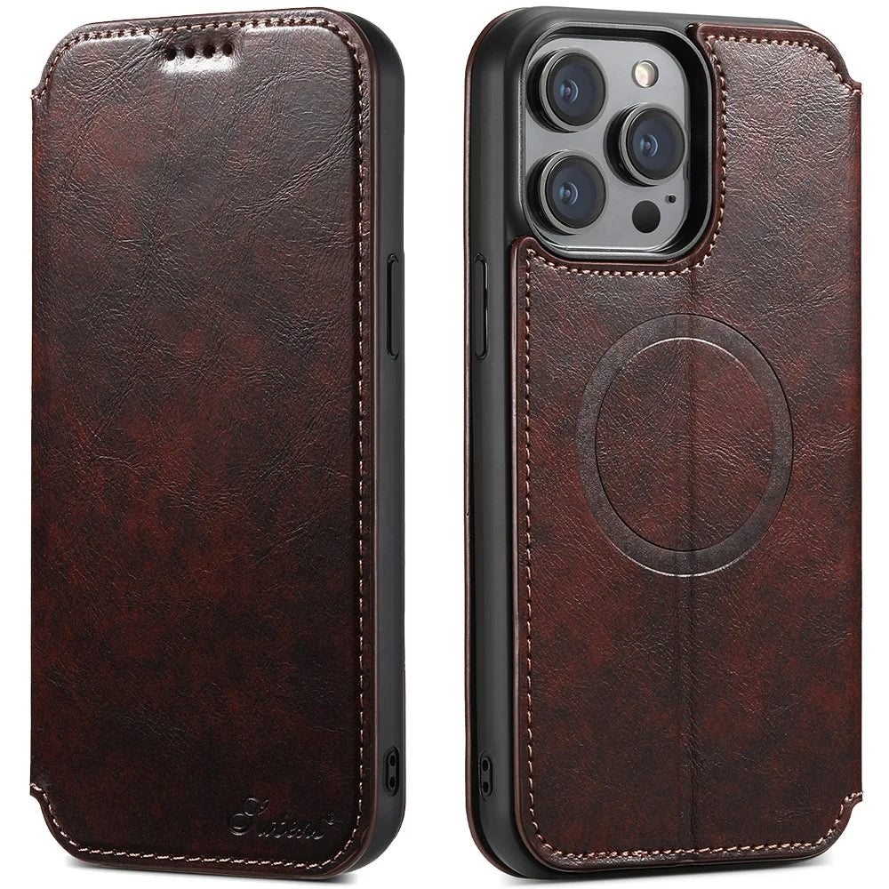 Luxuriöse Leder Magnetic Flip iPhone Hülle – MagSafe Geldbörse Kartenhalter, kabellos aufladbar, stoßfesten Schutz, elegantes Design für iPhone Modelle