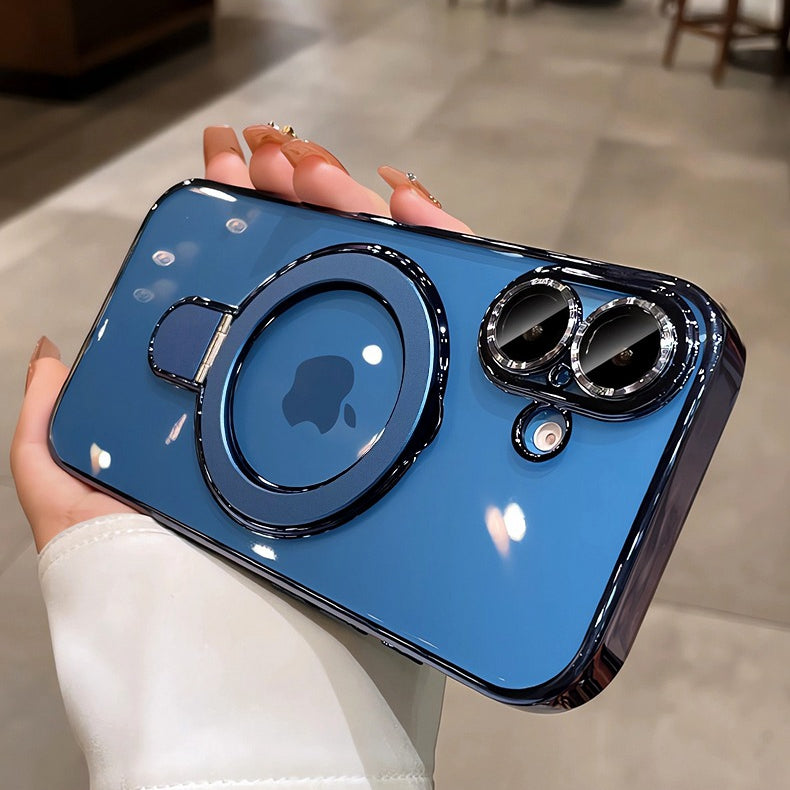 Luxury Plating MagSafe iPhone Case Transparent Acrylic Magnetic Cover with Stand Holder Shockproof PC Bumper Case for iPhone