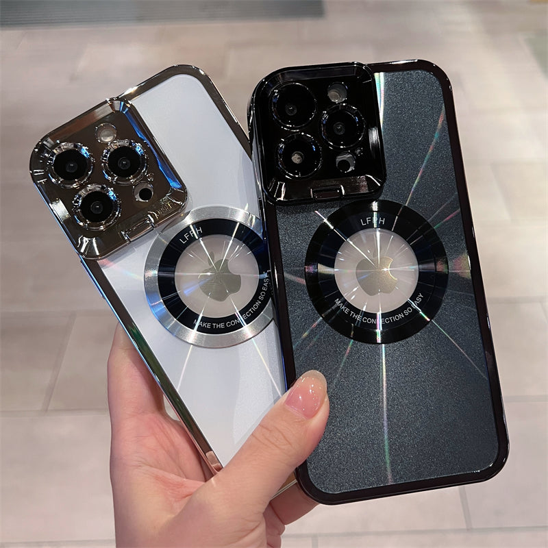 Premium Aurora Magsafe iPhone Case – Magnetic Plating CD Pattern, Shockproof, Stand Bracket, Logo Hole, Durable Protection,