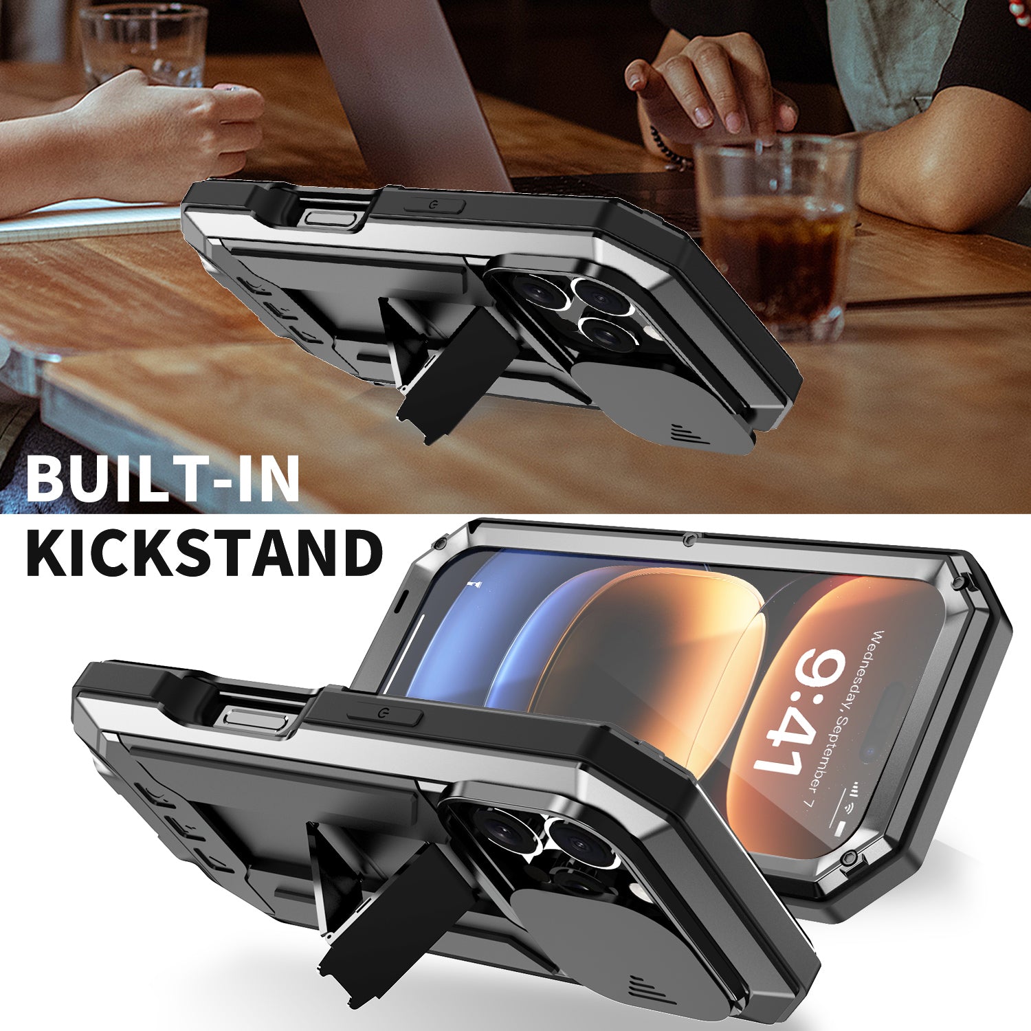 Military Heavy-Duty Metal iPhone Case – Full-Body Hybrid Cover with Slide Camera Protection & Built-in Screen Protector