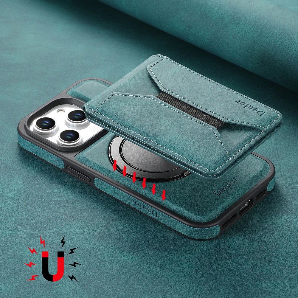Luxuriöse Magnetische Kartenhalter iPhone Hülle – 360° drehbarer Ständer, multifunktionale Leder Geldbörse, stoßfeste Schutz, MagSafe-kompatible Hülle für iPhone Modelle