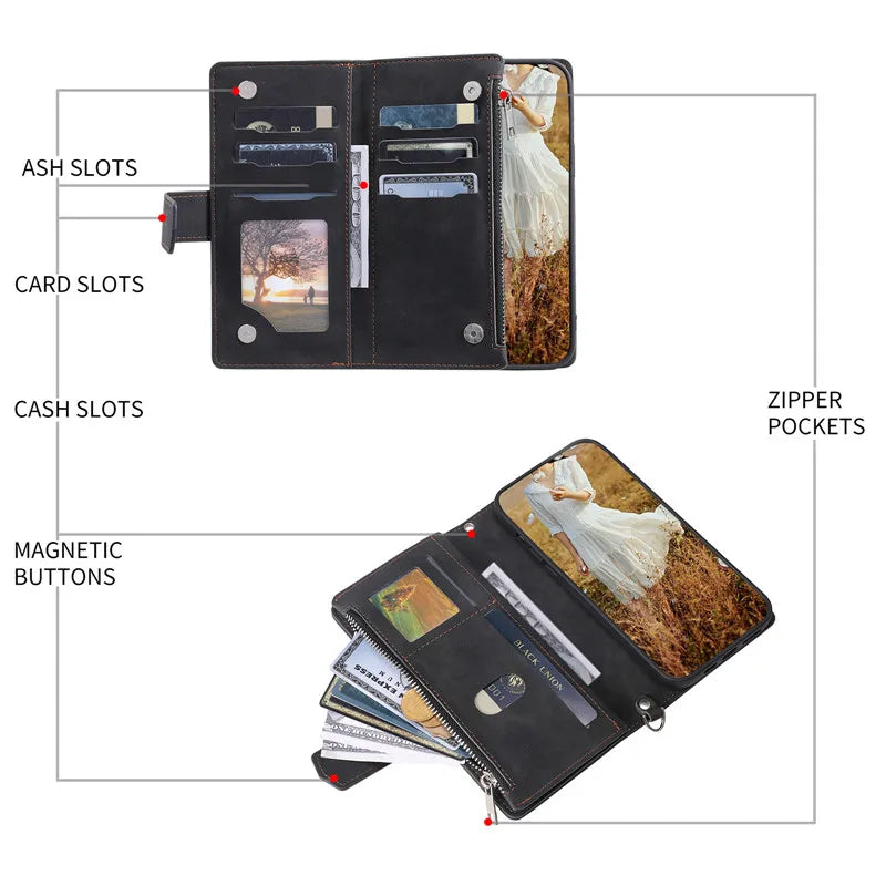 Luxury Flip Leather Wallet iPhone Case – Long Lanyard, Zipper Closure, Card Holder, and Premium Design for iPhone