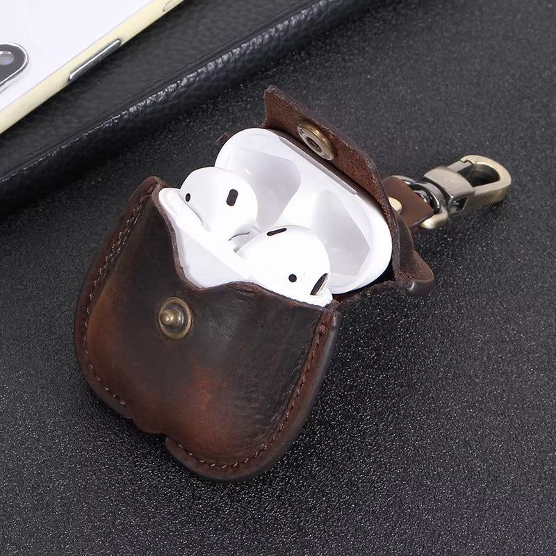 Luxury Genuine Leather Case for AirPods Pro, 2, 1 – Wireless Earphone Protective Cover, Elegant Funda with Keychain Hook, Shockproof and Stylish Design