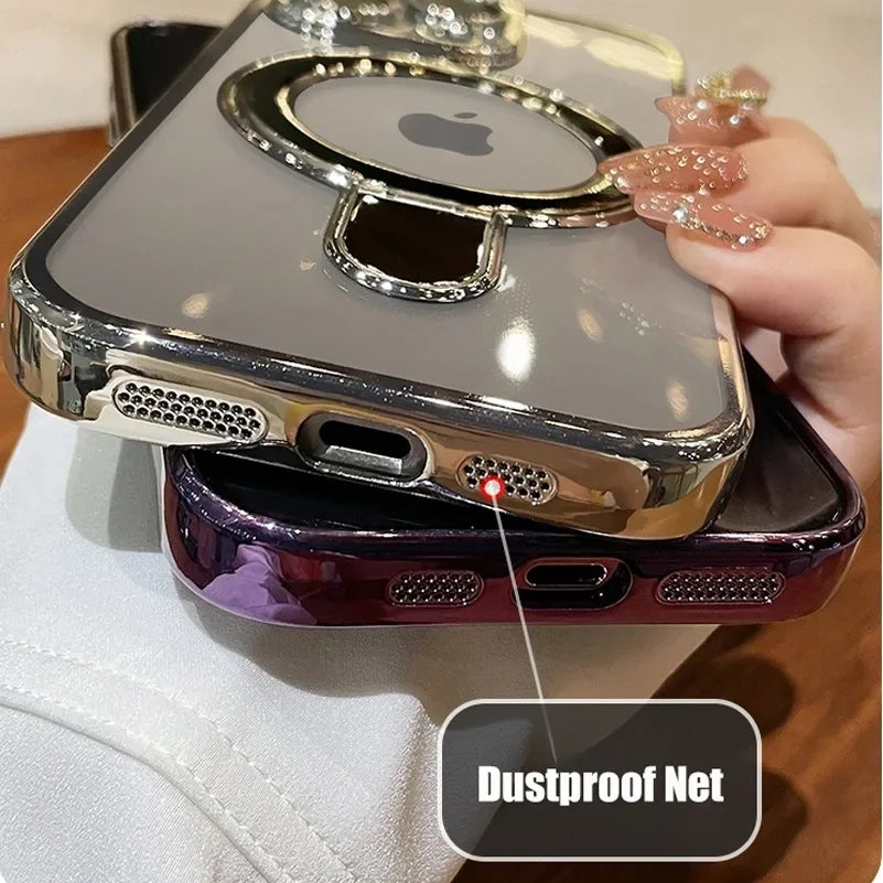 Luxury Plating MagSafe iPhone Case Transparent Acrylic Magnetic Cover with Stand Holder Shockproof PC Bumper Case for iPhone