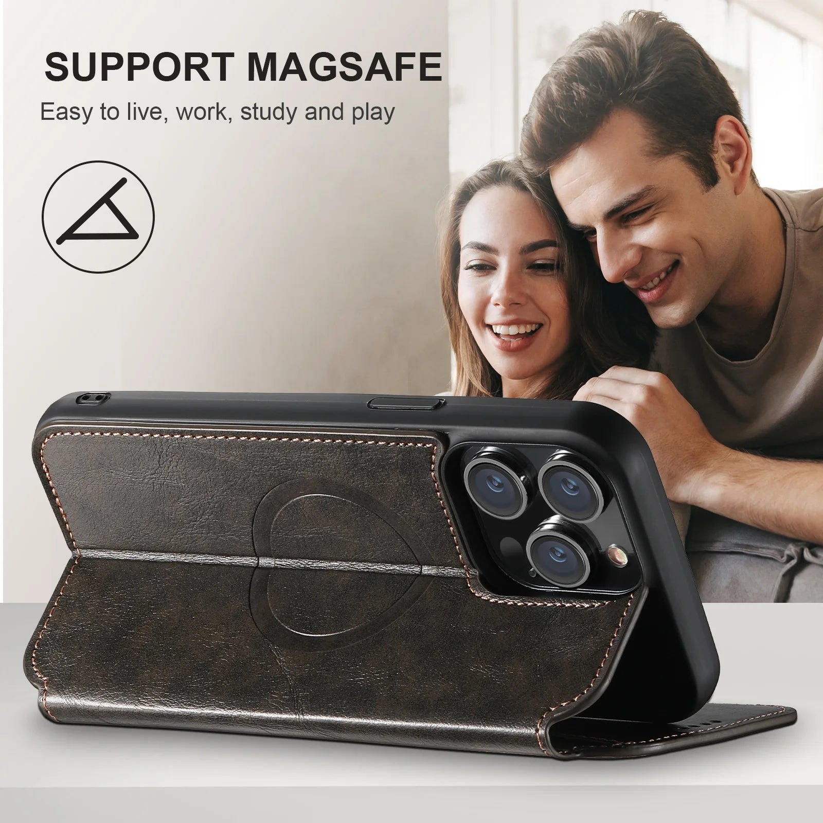 Luxuriöse Leder Magnetic Flip iPhone Hülle – MagSafe Geldbörse Kartenhalter, kabellos aufladbar, stoßfesten Schutz, elegantes Design für iPhone Modelle