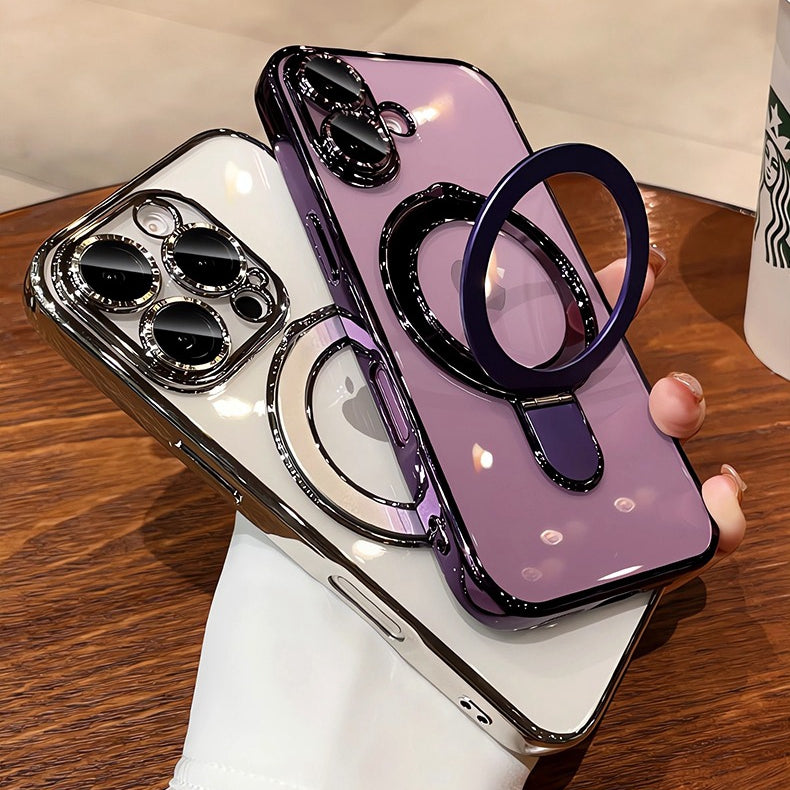 Luxury Plating MagSafe iPhone Case Transparent Acrylic Magnetic Cover with Stand Holder Shockproof PC Bumper Case for iPhone