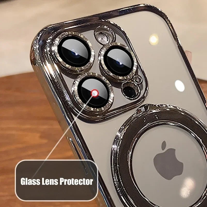 Luxury Plating MagSafe iPhone Case Transparent Acrylic Magnetic Cover with Stand Holder Shockproof PC Bumper Case for iPhone