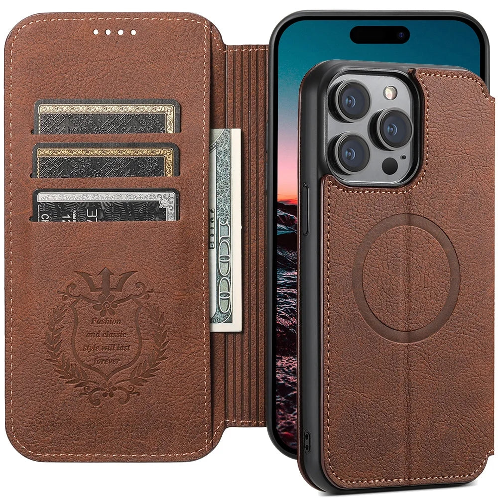 Luxuriöse Leder Magnetic Flip iPhone Hülle – MagSafe Geldbörse Kartenhalter, kabellos aufladbar, stoßfesten Schutz, elegantes Design für iPhone Modelle