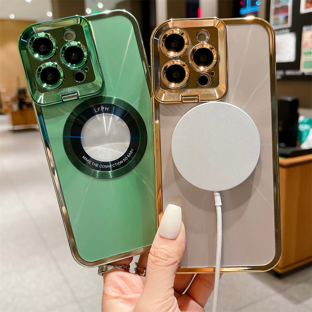 Premium Aurora Magsafe iPhone Case – Magnetic Plating CD Pattern, Shockproof, Stand Bracket, Logo Hole, Durable Protection,