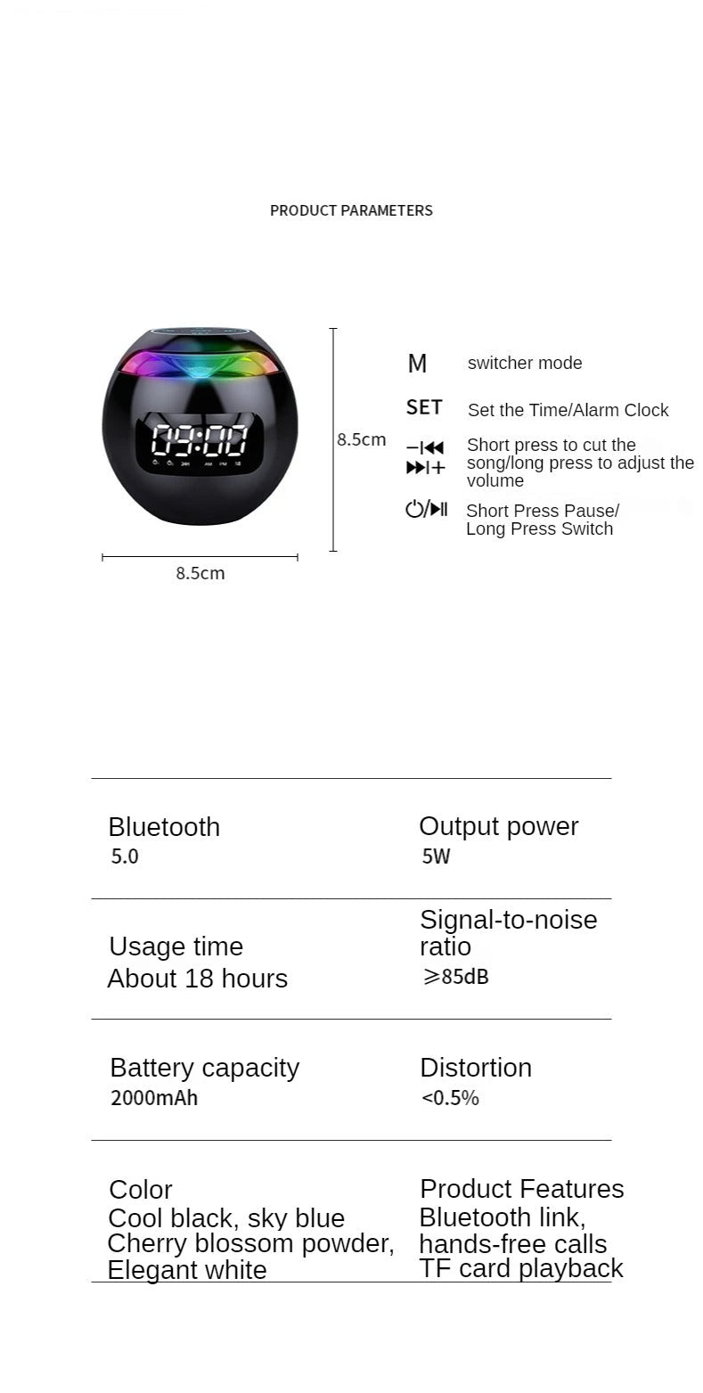 High Quality Bluetooth Alarm Clock Speaker with Colorful LED Light – Mini Portable Wireless Speaker, Dual Alarms, TF Card, FM Radio, 18H Playtime, USB Rechargeable