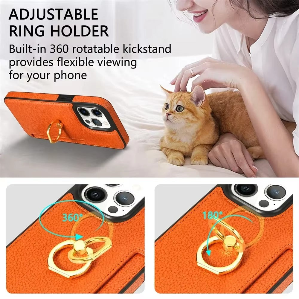 Luxury Card Slot Litchi Leather Apple iPhone Case, MagSafe Compatible, Ultra Thin Magnetic Shockproof Full Cover