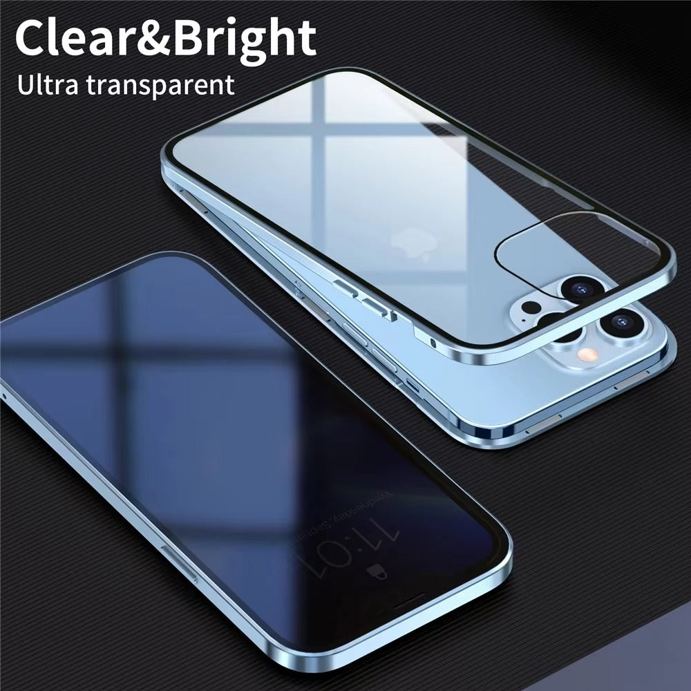 High Quality Apple iPhone Case, MagSafe Compatible, Camera Lens & Screen Protection, Ultra Thin, Shockproof, Magnetic Full All Around Cover – Double Glass Magnetic Case with Anti-Peeping Privacy Screen & Metal Frame Protection