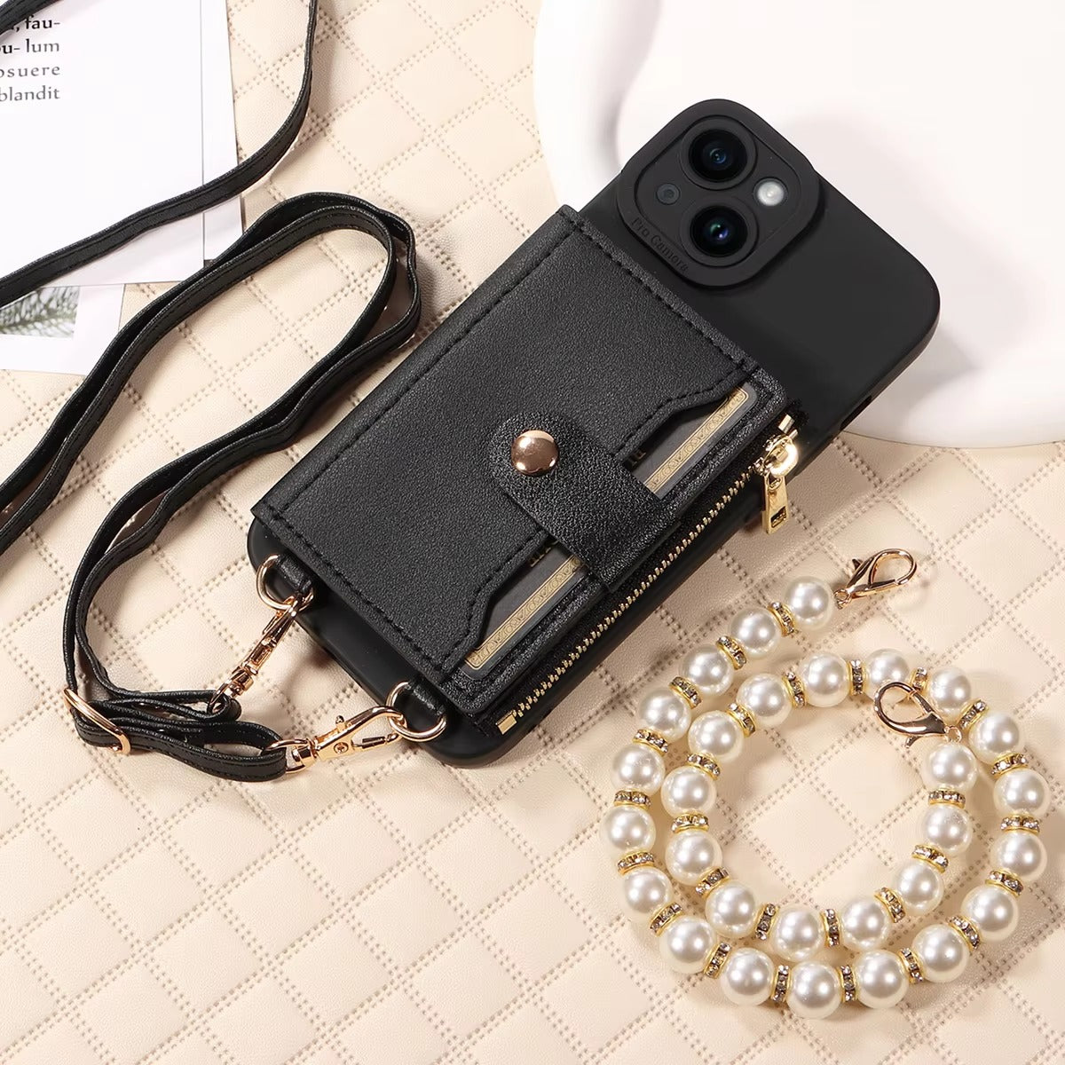 High Quality Apple iPhone Case, MagSafe Compatible, Camera Lens & Screen Protection, Ultra Thin, Shockproof, Magnetic Full All Around Cover – PU Leather Wallet Case with Mirror, Zipper & Pearl Strap