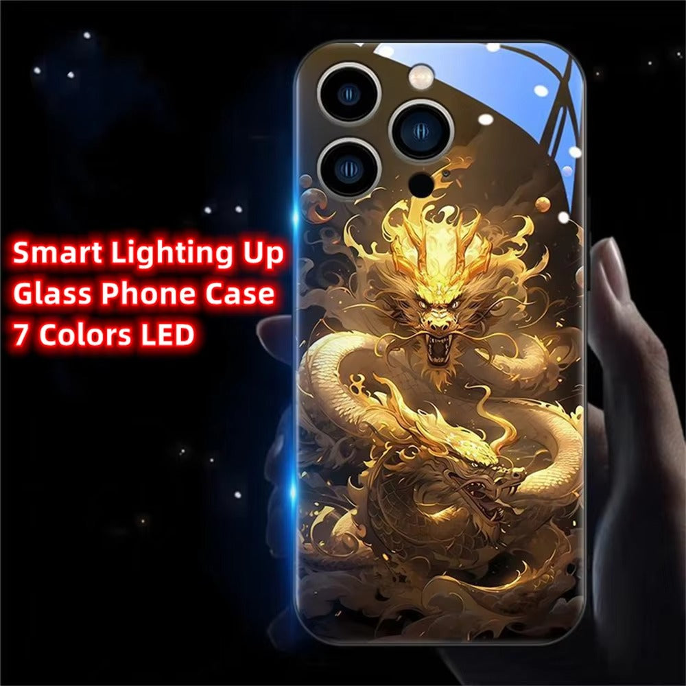 Premium Apple iphone Case, LED Flash, Sound Reactive, Shockproof, Ultra Thin, Full Body Protection, Golden Dragon Luminous Glass Cover