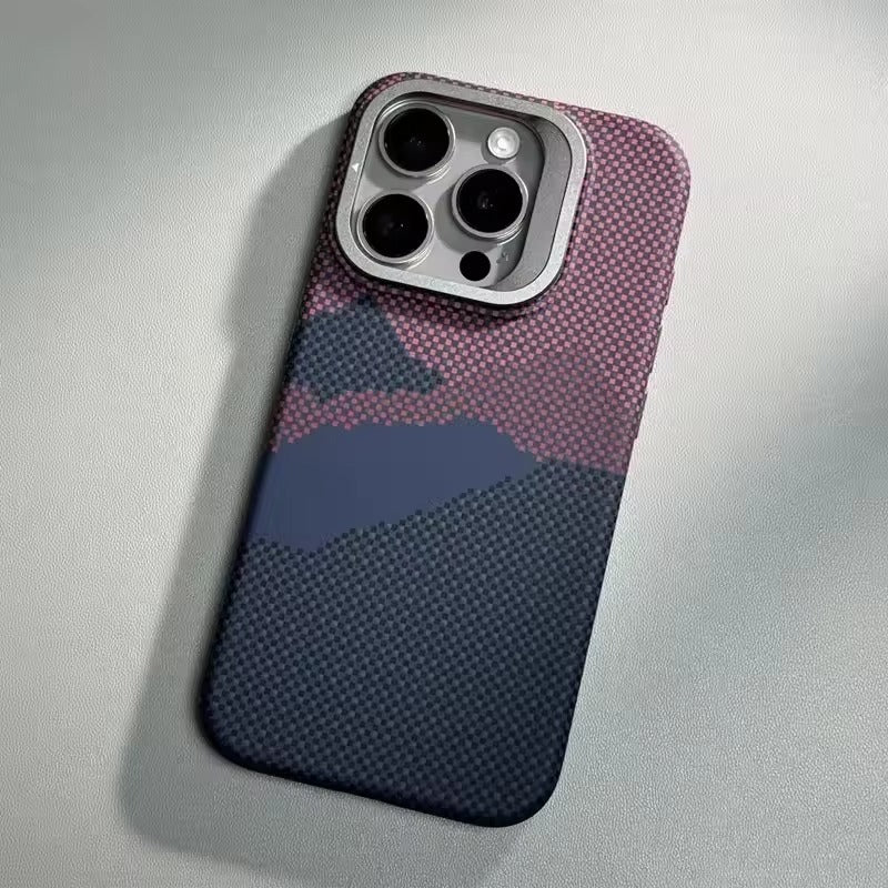 Luxury Apple iPhone Case, MagSafe Compatible, Camera Lens & Screen Protection, Ultra Thin, Shockproof, Magnetic Full All Around Cover – Matte Carbon Magnetic Slim Case with Stand, Lens Guard & Cloud Pattern Design