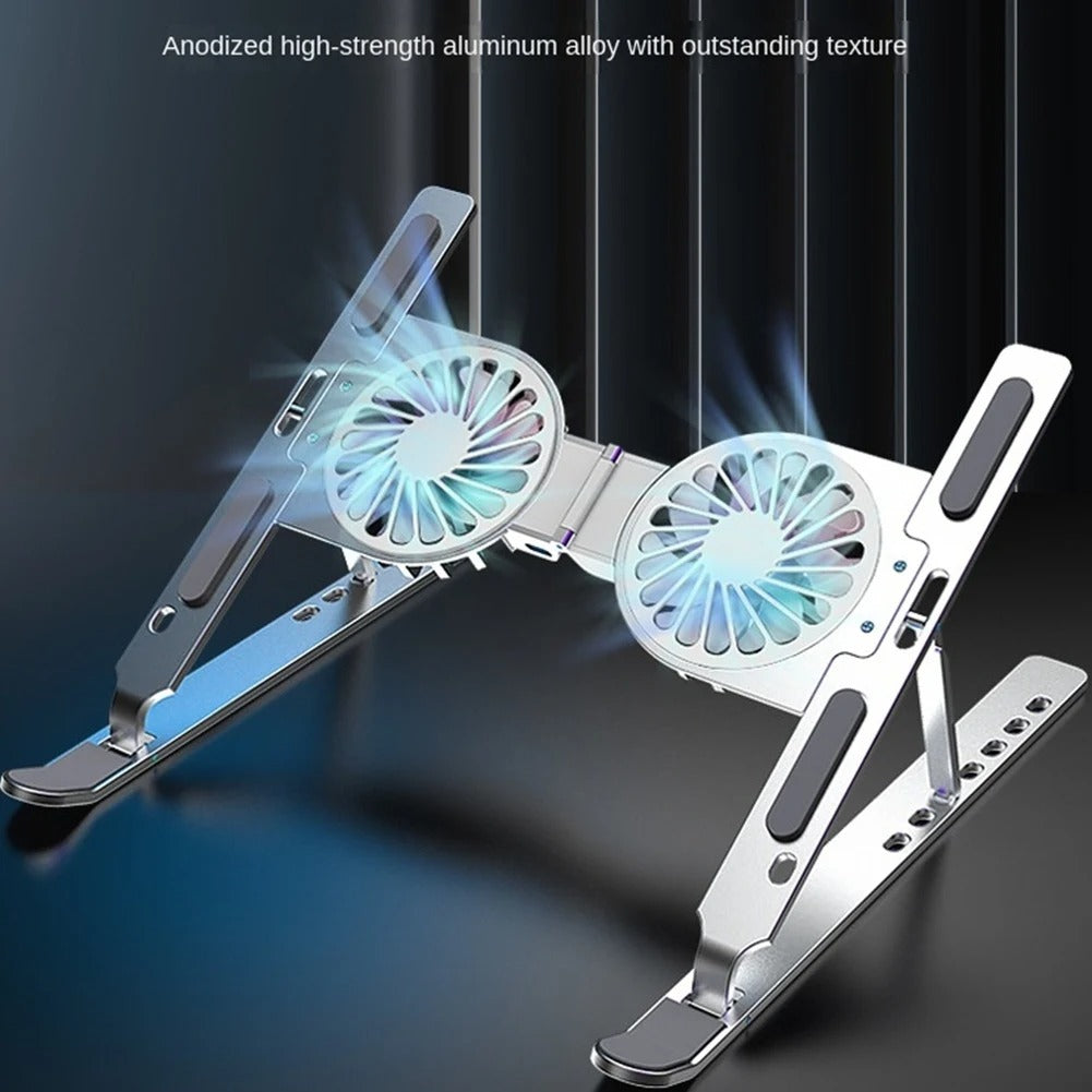 Luxury Aluminum Laptop Stand with RGB Light & Dual Cooling Fans – 7-Level Height Adjustable Notebook Holder, USB Powered, Foldable & Portable for 17" Devices
