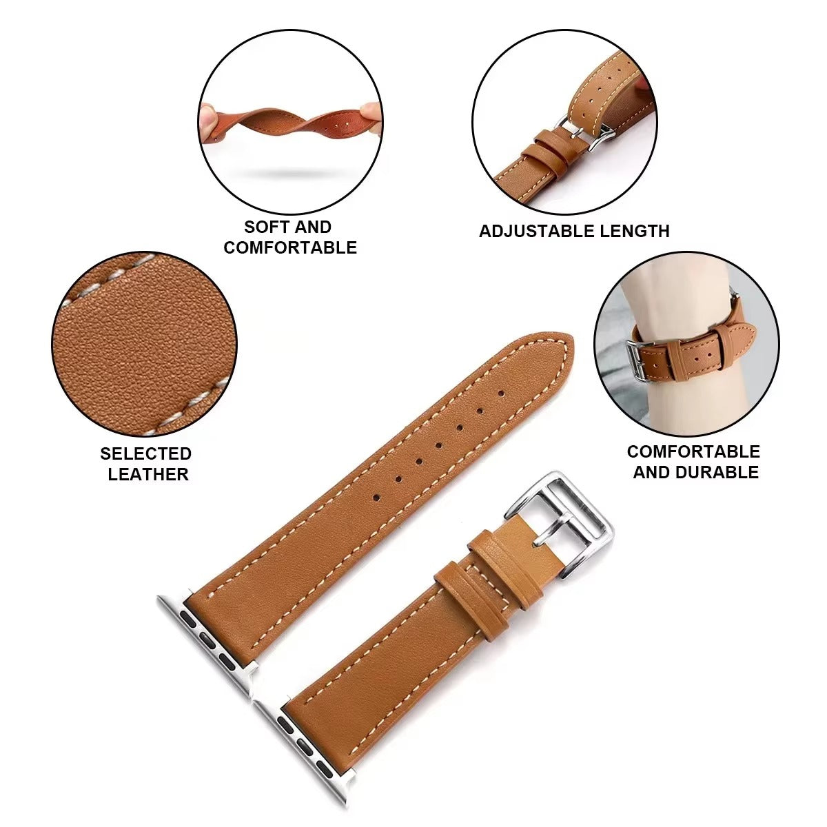 Luxury Genuine Leather Watch Band – Classic, Adjustable, Comfortable Strap for 40mm to 49mm Smartwatches, Men's and Women's