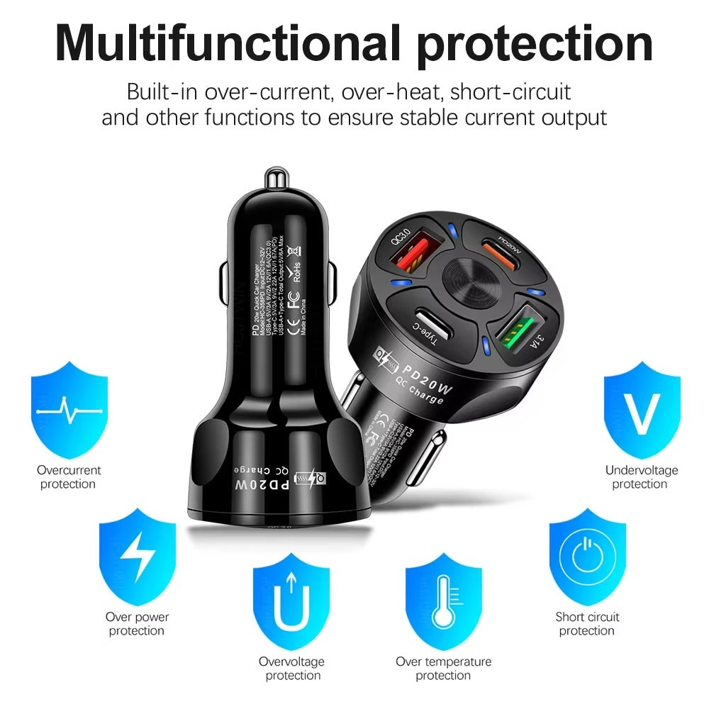 High Speed 55W USB Car Charger Adapter – 4-Port PD & QC3.0 Fast Charging Cigarette Lighter Plug with LED Display, Smart Protection for Phones & Tablets