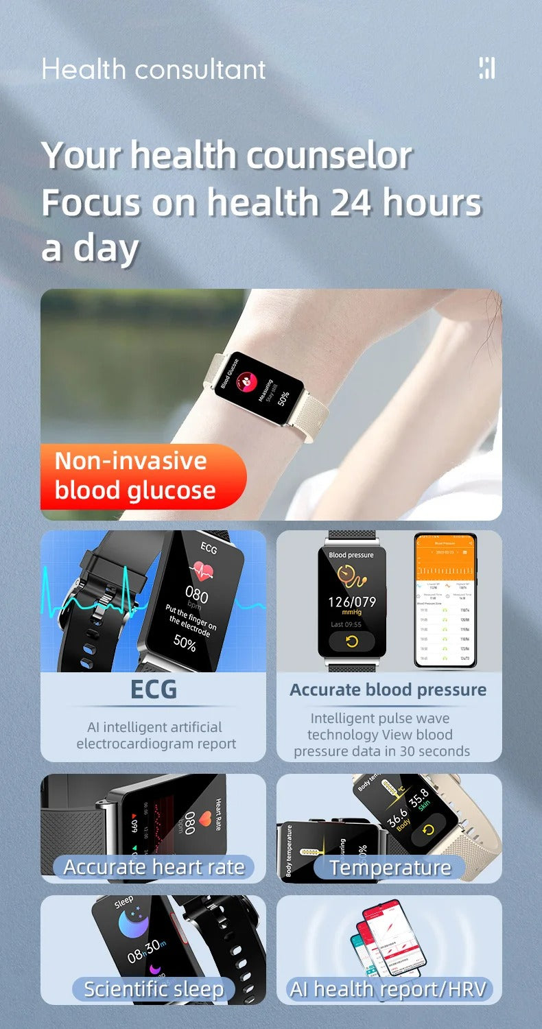Premium Non-Invasive Blood Glucose Smartwatch – ECG, Heart Rate, Blood Pressure, Oxygen & Temperature Monitor, Waterproof Fitness Tracker with Touchscreen