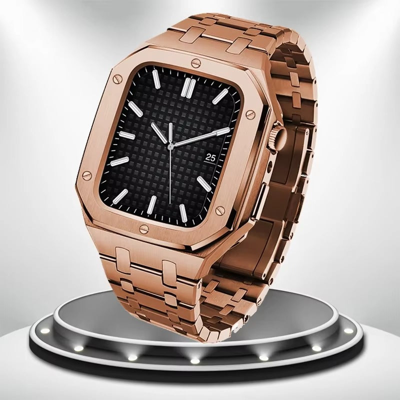 Luxury Metal Mod Kit for Smartwatch – Bezel Frame, Strap, and Case Set for 44mm to 45mm Watches, Premium Custom Accessories