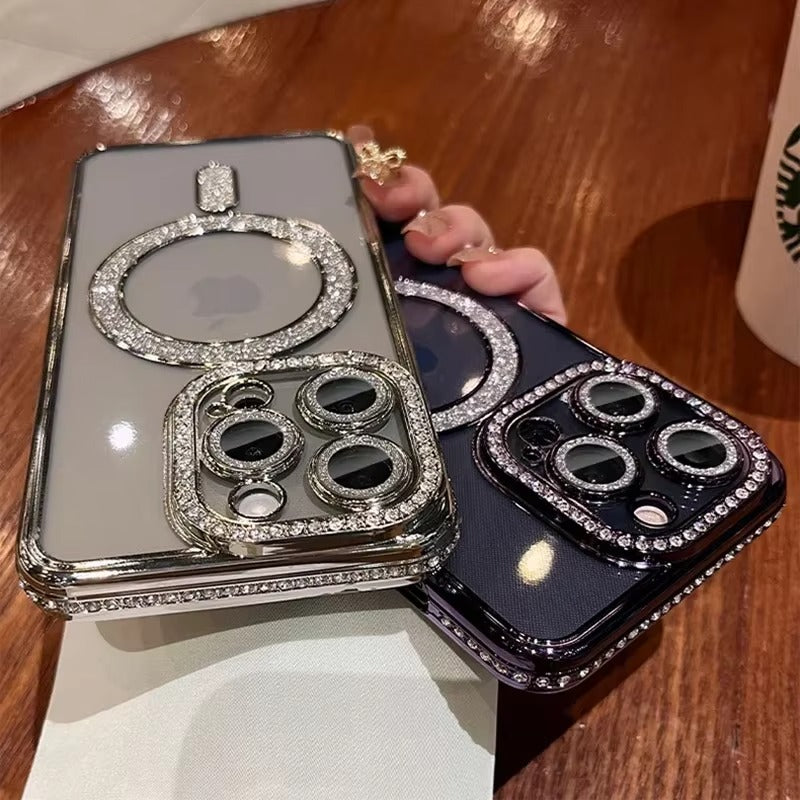 Luxury Pink Glitter Apple iPhone Case, MagSafe Compatible, Ultra Thin Magnetic Shockproof Full Protection Cover and Diamond Clear Plated Shell