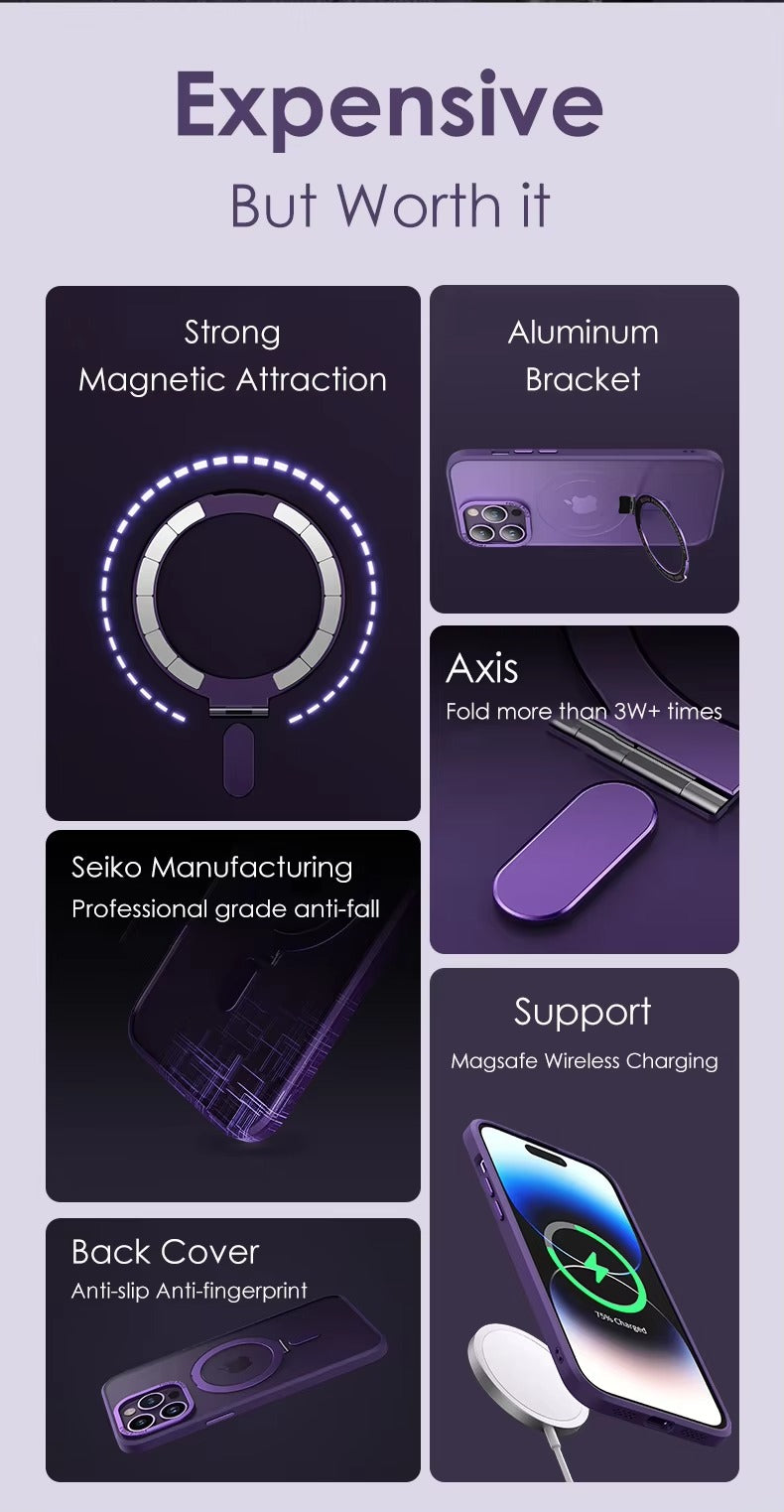 High Quality Apple iPhone Case MagSafe Compatible, Camera Lens & Screen Protection, Cover with Aluminum Stand & Metal Lens