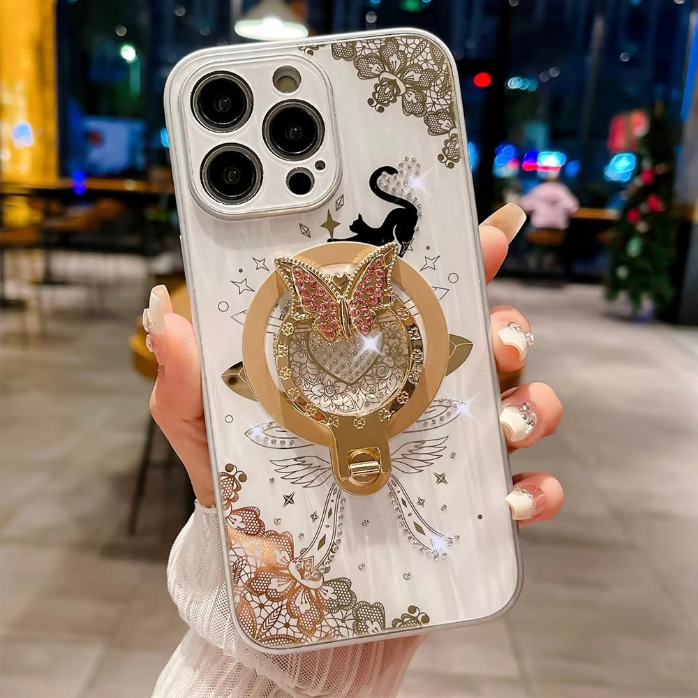 Luxuriöse Apple iPhone Hülle, MagSafe-kompatibel, Kameraobjektiv- und Bildschirmschutz, ultra dünn, stoßfest, magnetisch, vollständiger Rundumschutz, Nachtkatze Ring Cover