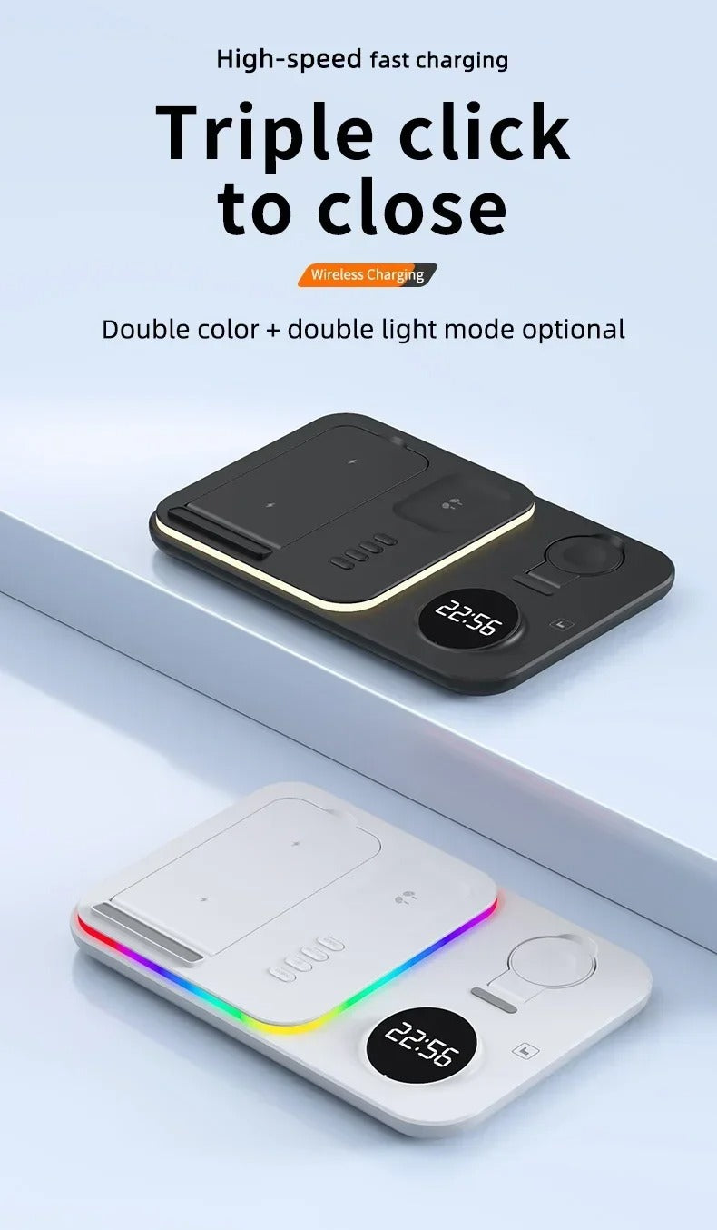 Premium 5 in 1 Wireless Charging Station – 30W Foldable Fast Charger Dock with RGB LED Light, Alarm Clock for Phones, Apple Watch, Samsung Watch & AirPods
