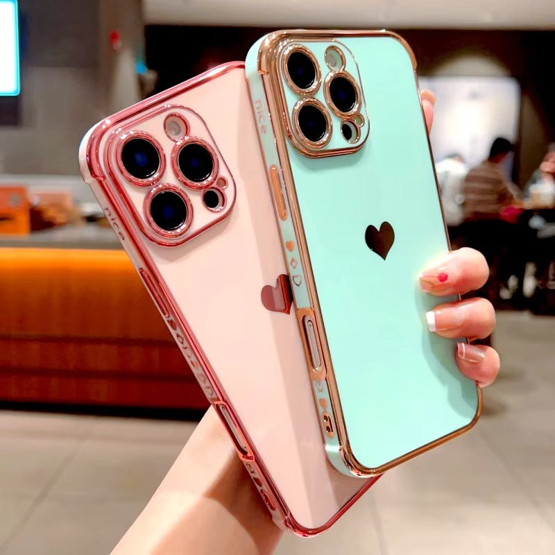 Luxuriöse Apple iPhone Hülle MagSafe-kompatibel, Kameraobjektiv- und Bildschirmschutz, ultradünne stoßfeste magnetische Rundum-Schutzabdeckung mit elektroplattiertem Herzdesign