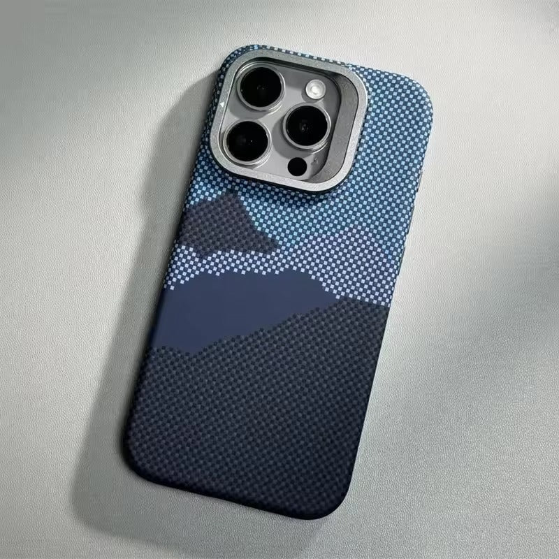 Luxury Apple iPhone Case, MagSafe Compatible, Camera Lens & Screen Protection, Ultra Thin, Shockproof, Magnetic Full All Around Cover – Matte Carbon Magnetic Slim Case with Stand, Lens Guard & Cloud Pattern Design