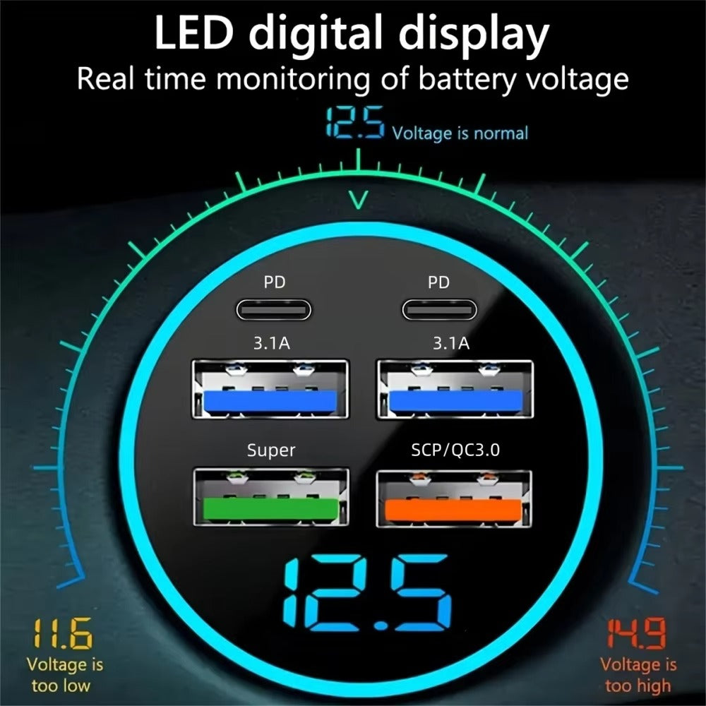 Premium 250W USB Car Charger with Digital Display – 6-Port Fast Charging PD QC3.0 Type-C Adapter, Intelligent Protection, Quick Charge