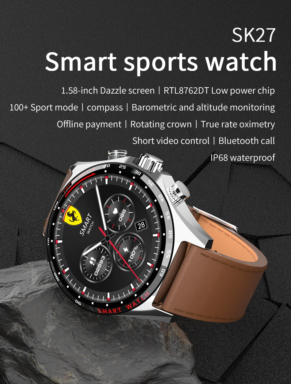 Robust Outdoor Smartwatch for iPhone – NFC Access Control, GPS Positioning, Compass, 400mAh Battery, IP68 Waterproof