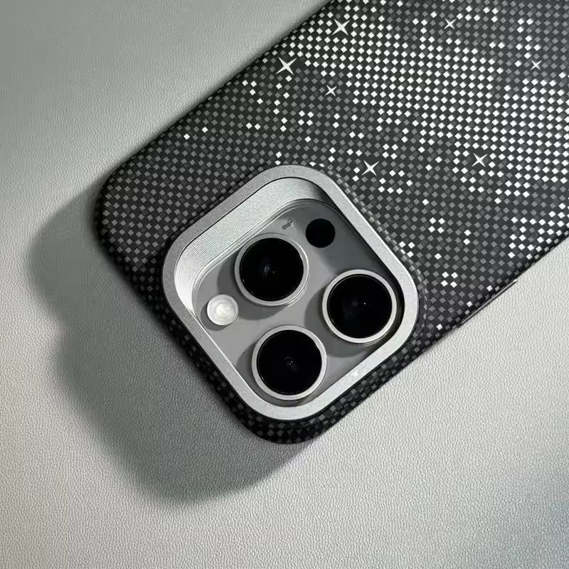 Luxury Apple iPhone Case, MagSafe Compatible, Camera Lens & Screen Protection, Ultra Thin, Shockproof, Magnetic Full All Around Cover – Matte Carbon Magnetic Slim Case with Stand, Lens Guard & Cloud Pattern Design