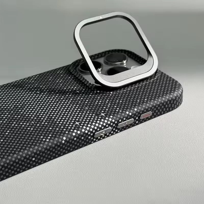Luxury Apple iPhone Case, MagSafe Compatible, Camera Lens & Screen Protection, Ultra Thin, Shockproof, Magnetic Full All Around Cover – Matte Carbon Magnetic Slim Case with Stand, Lens Guard & Cloud Pattern Design