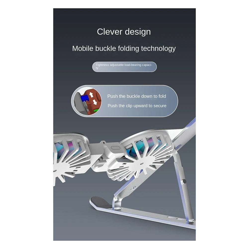 Luxury Aluminum Laptop Stand with RGB Light & Dual Cooling Fans – 7-Level Height Adjustable Notebook Holder, USB Powered, Foldable & Portable for 17" Devices