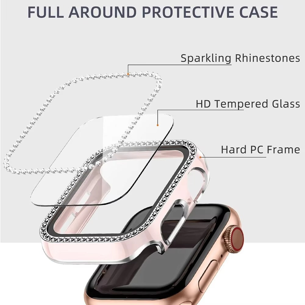 Luxury, Bling Diamond Case with Glass Screen Protector for Apple Watch – for 38mm, 40mm, 41mm, 42mm, 44mm, 45mm