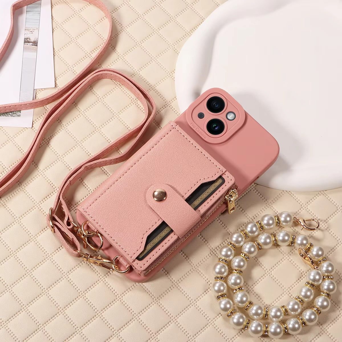 High Quality Apple iPhone Case, MagSafe Compatible, Camera Lens & Screen Protection, Ultra Thin, Shockproof, Magnetic Full All Around Cover – PU Leather Wallet Case with Mirror, Zipper & Pearl Strap